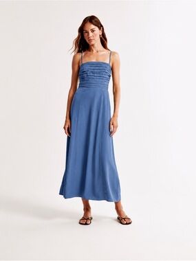 Abercrombie Emerson Blue Pleated Sleeveless Strapless Linen Maxi Dress Large